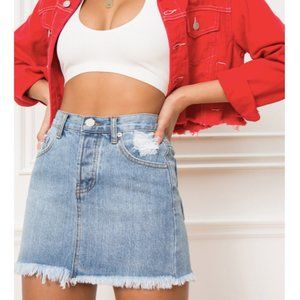Superdown Revolve Tara Denim Mini Skirt in Mid Wash Blue 27